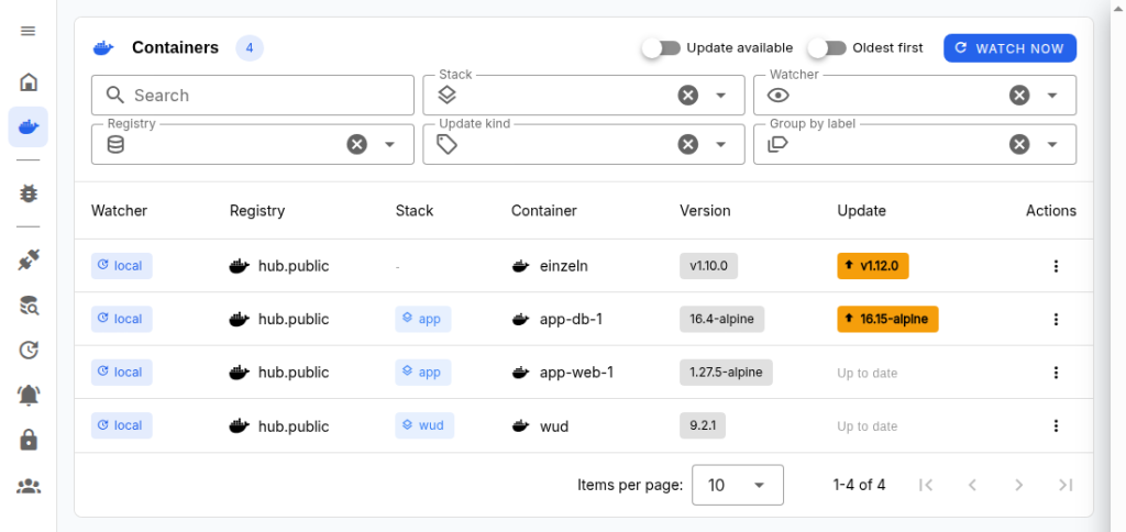 Containerliste in WUD: einzeln und app-db-1 mit verfügbarer neuer Version, app-web-1 und wud als aktuell markiert