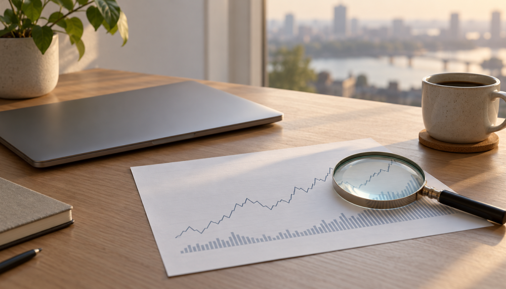 Lupe über einem Ausdruck mit Liniendiagramm auf dem Schreibtisch, daneben Laptop, Kaffeetasse und Blick auf die Stadt