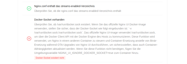 Nginx UI Selbstprüfung mit fehlgeschlagenem Punkt Docker-Socket vorhanden