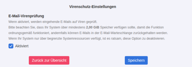 KeyHelp Konfiguration E-Mail-Spam- und Virenschutz, Abschnitt Virenschutz-Einstellungen mit aktivierter E-Mail-Virenprüfung und Hinweis auf 2 GiB Speicher