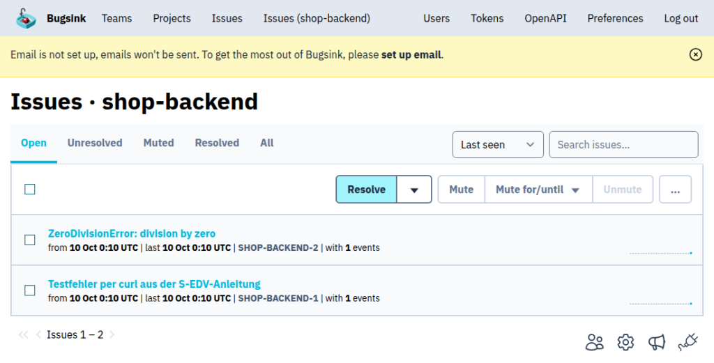 Bugsink-Issueliste des Projekts shop-backend mit einem ZeroDivisionError und einer per curl gesendeten Testmeldung