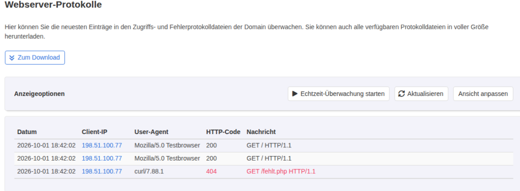 KeyHelp-Seite Webserver-Protokolle mit Anzeigeoptionen und drei Einträgen der Client-IP 198.51.100.77, zwei mit Code 200 und einer mit 404 für fehlt.php