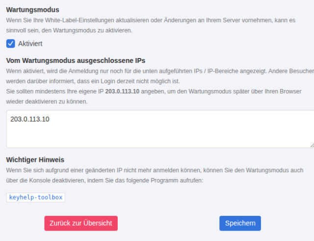 KeyHelp-Seite Wartungsmodus mit Haken Aktiviert, Liste der ausgeschlossenen IPs und Hinweis auf keyhelp-toolbox