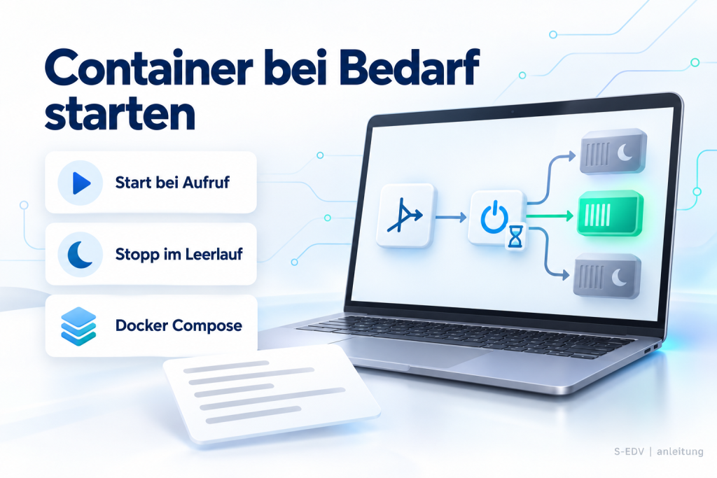 Illustration: Überschrift Container bei Bedarf starten, drei Karten Start bei Aufruf, Stopp im Leerlauf, Docker Compose, rechts ein Laptop mit Proxy, Steuerung und schlafenden Containern