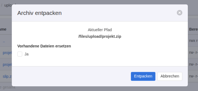 KeyHelp-Dialog Archiv entpacken mit dem Pfad /files/upload/projekt.zip, der Option Vorhandene Dateien ersetzen und den Schaltflächen Entpacken und Abbrechen