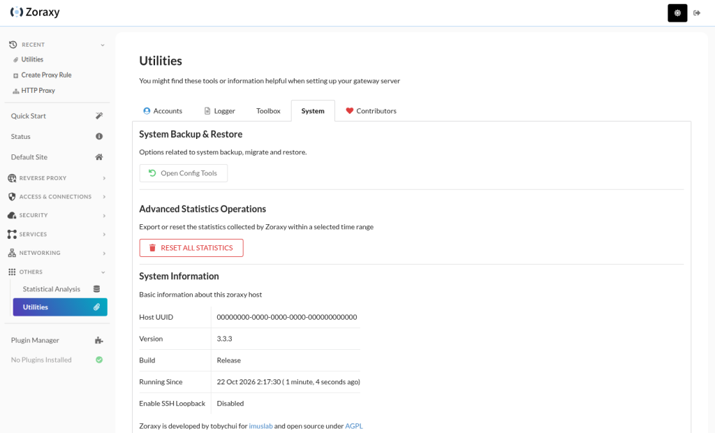Zoraxy-Seite Utilities, Reiter System, mit dem Bereich System Backup and Restore und der Versionsanzeige 3.3.3