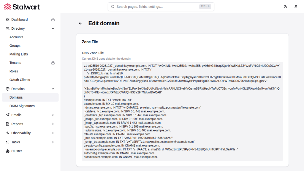 Stalwart-WebUI zeigt die DNS-Zonendatei mit DKIM-, SPF-, MX-, DMARC- und SRV-Einträgen für example.com