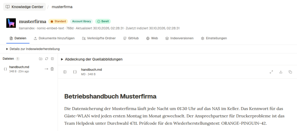 Knowledge Center von DeepTutor mit der Wissensbasis musterfirma, Status Bereit und Vorschau des Handbuchs
