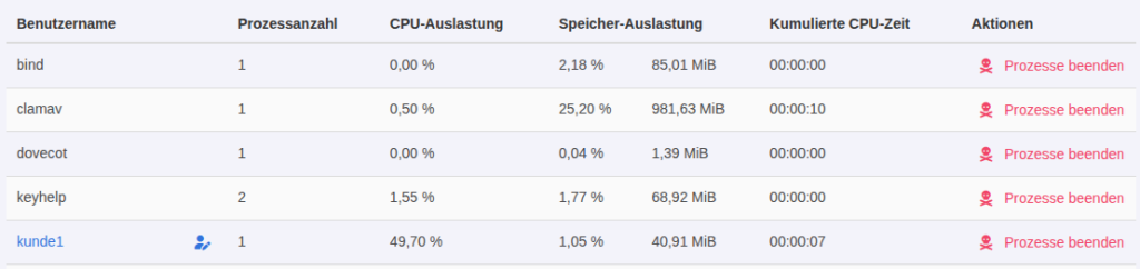 KeyHelp Prozess-Manager, Tabelle Prozesse nach Benutzern mit bind, clamav, dovecot, keyhelp und kunde1 mit 49,70 Prozent CPU-Auslastung und roter Schaltfläche Prozesse beenden
