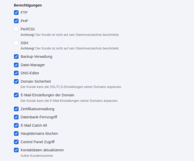 Reiter Berechtigungen eines Kundenkontos mit der aktivierten Berechtigung E-Mail Catch-All zwischen Datenbank-Fernzugriff und Hauptdomains löschen
