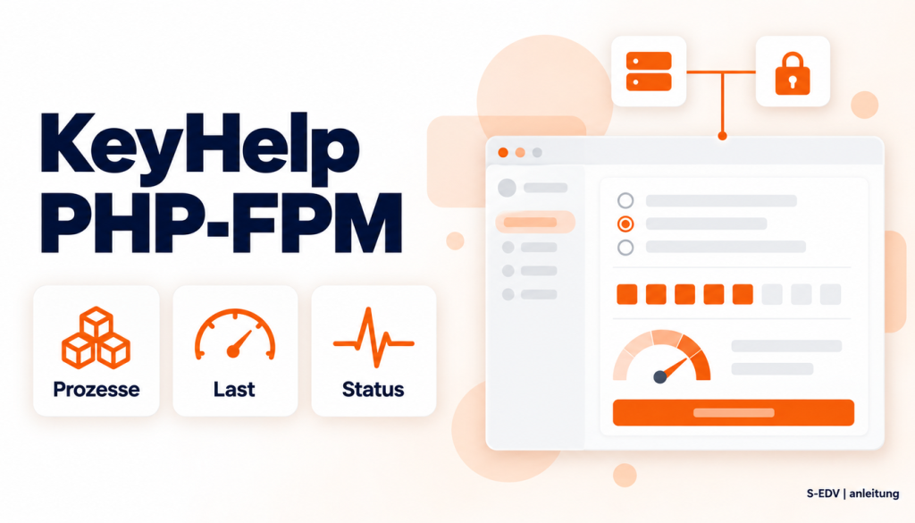 Illustration eines Hosting-Panels mit der Überschrift KeyHelp PHP-FPM und den Karten Prozesse, Last, Status