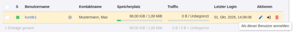 KeyHelp-Kundenliste mit kunde1 und eingeblendetem Hinweis Als dieser Benutzer anmelden über dem Anmeldesymbol