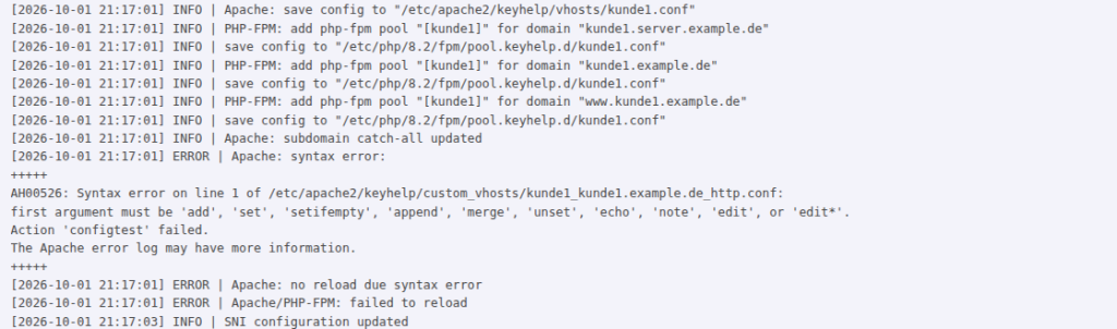 Ausschnitt aus update.log im KeyHelp-Panel mit drei ERROR-Zeilen: Apache syntax error, no reload due syntax error und Apache/PHP-FPM failed to reload