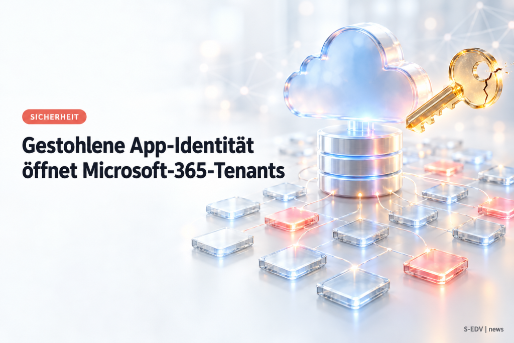 Abstrakte Illustration: Cloud-Backup-Symbol mit kompromittiertem Schlüssel über verbundenen Microsoft-365-Mandanten