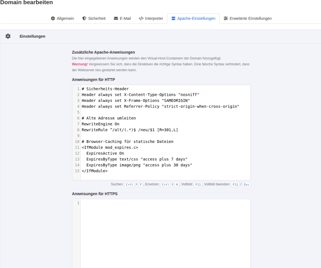 KeyHelp-Seite Domain bearbeiten, Reiter Apache-Einstellungen mit Sicherheits-Headern, Rewrite-Regel und Expires-Block im Feld Anweisungen für HTTP