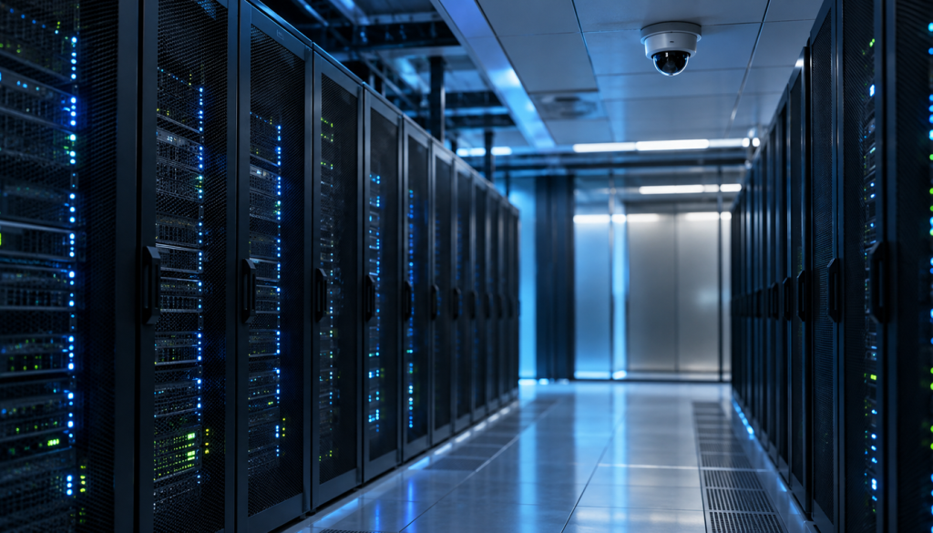 Serverraum mit dunklen Racks und einer Überwachungskamera an der Decke, blaues Licht