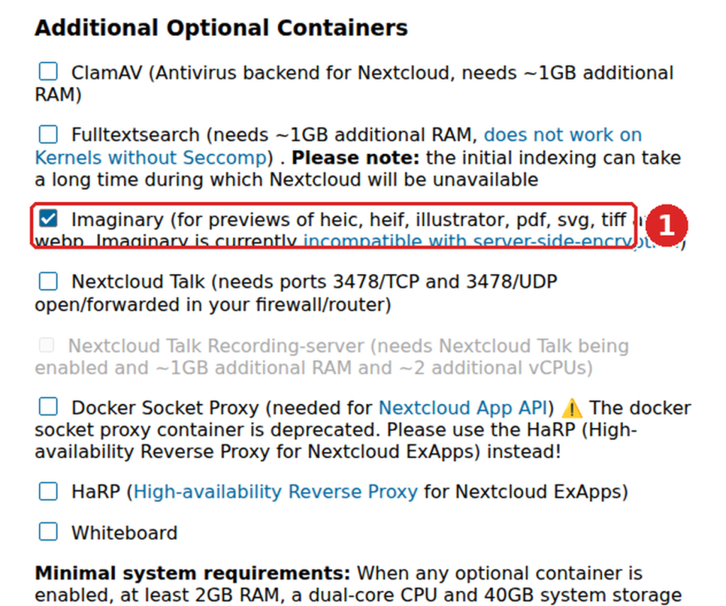 Nextcloud AIO, Liste Additional Optional Containers: nur Imaginary ist angehakt (1), ClamAV, Fulltextsearch, Talk und Whiteboard sind abgewählt