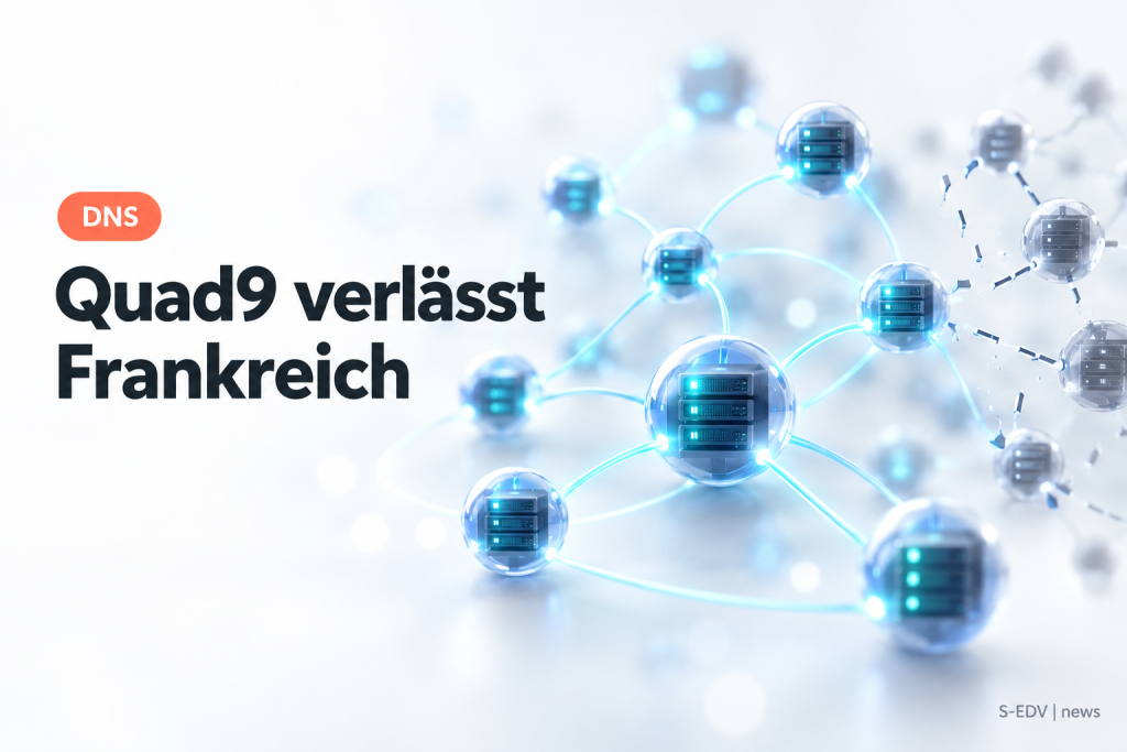 Abstraktes DNS-Servernetz mit getrennten Knoten und der Überschrift Quad9 verlässt Frankreich
