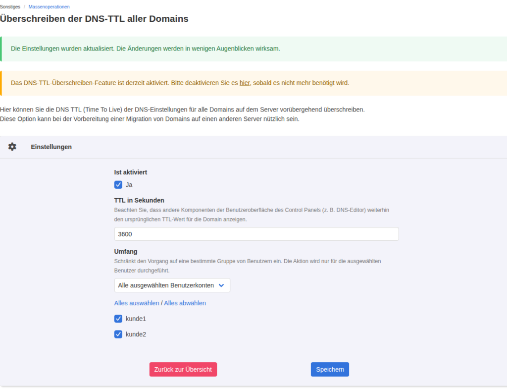 KeyHelp-Formular Überschreiben der DNS-TTL mit aktivierter Option, TTL 3600 Sekunden, beiden Kunden ausgewählt und gelbem Warnhinweis