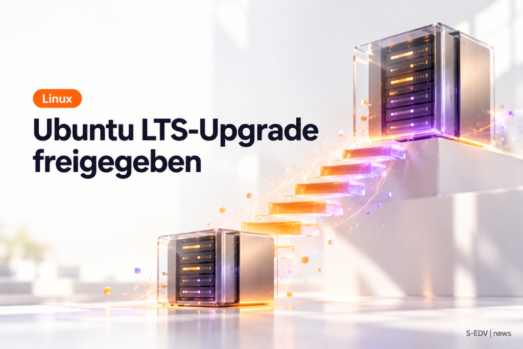 Hero-Bild mit der Headline Ubuntu LTS-Upgrade freigegeben, daneben zwei Server-Module, die über eine leuchtende Treppe verbunden sind.