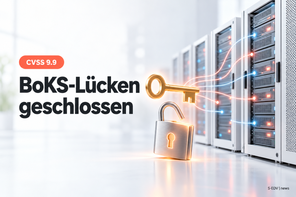 Server-Racks mit goldenem Schlüssel und Vorhängeschloss, Schriftzug BoKS-Lücken geschlossen