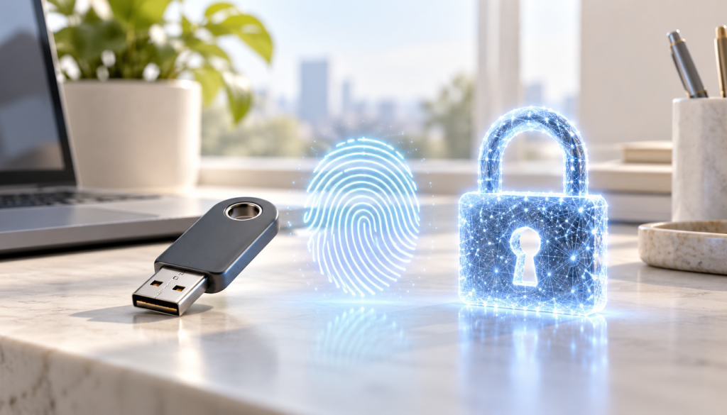 Schreibtisch mit USB Sicherheitsschlüssel, leuchtendem Fingerabdruck und digitalem Vorhängeschloss im hellen Büro