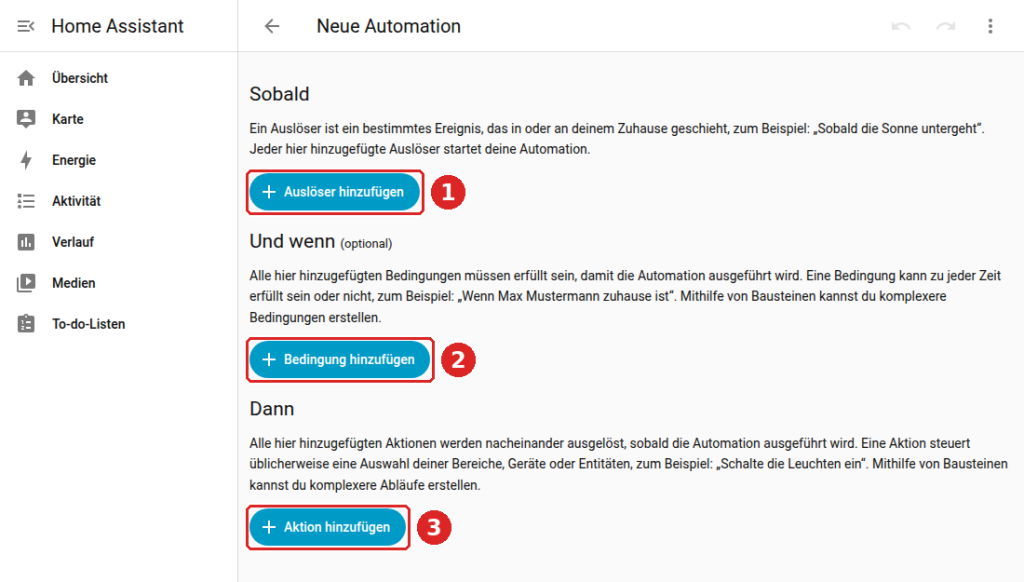 Home Assistant, Editor Neue Automation: Schaltflächen Auslöser hinzufügen (1), Bedingung hinzufügen (2) und Aktion hinzufügen (3)