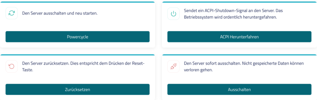 Schaltflächen Powercycle, ACPI Herunterfahren, Zurücksetzen und Ausschalten im SCP