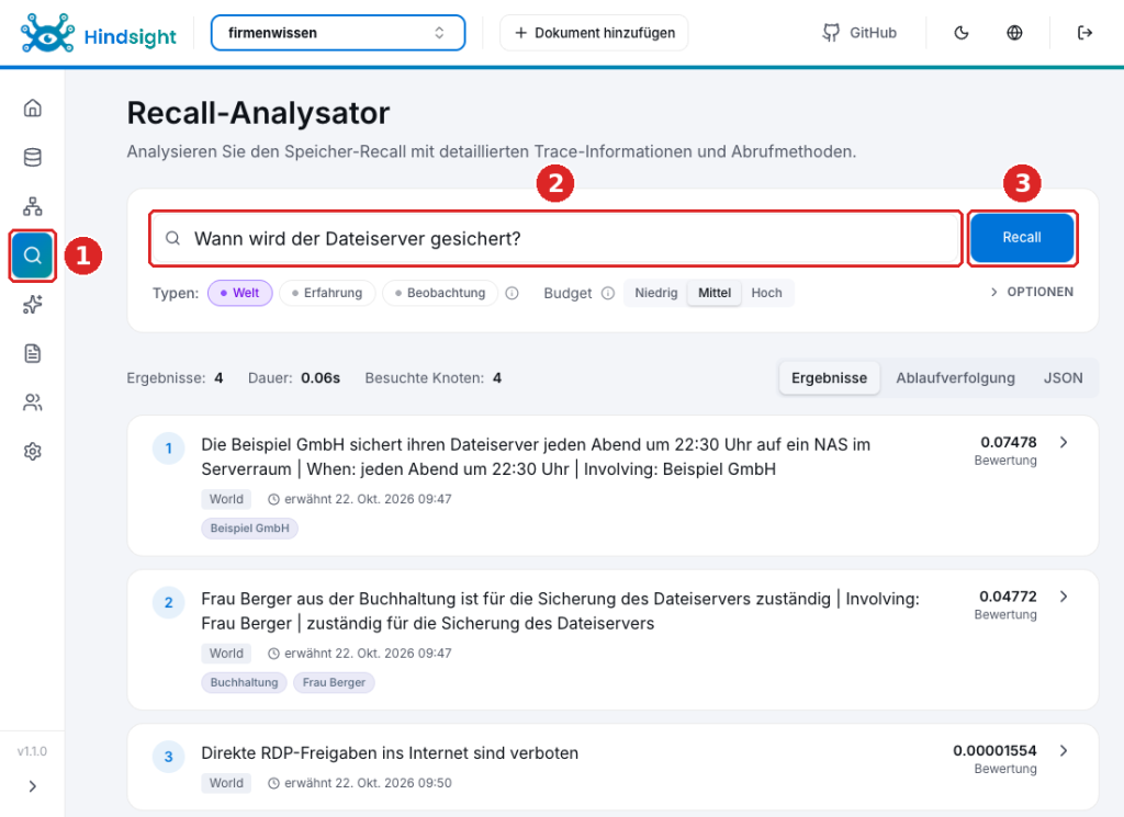 Recall-Analysator mit der Frage nach der Sicherung des Dateiservers und dem passenden Fakt an erster Stelle