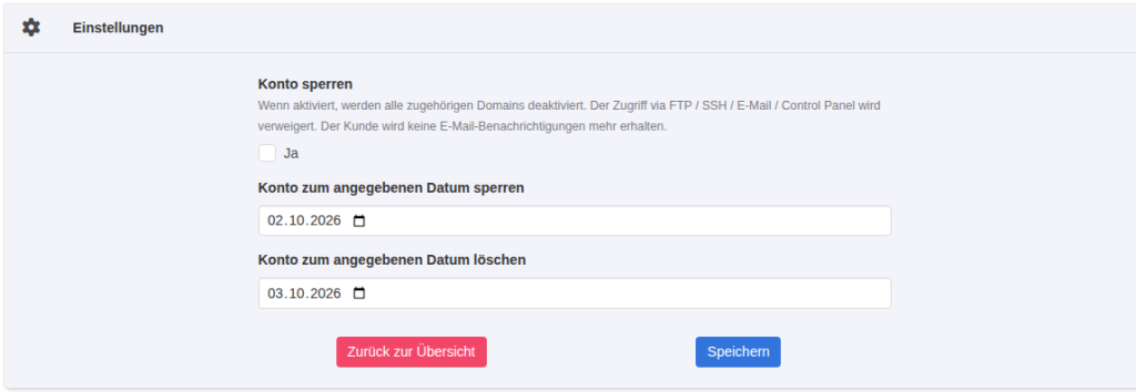 KeyHelp-Formular Erweiterte Einstellungen mit den Feldern Konto sperren, Sperrdatum 02.10.2026 und Löschdatum 03.10.2026