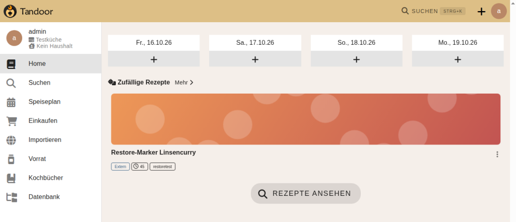 Startseite von Tandoor Recipes mit Speiseplan für vier Tage und dem Testrezept unter Zufällige Rezepte