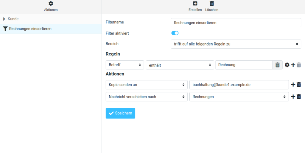Roundcube Filter: Filtersatz Kunde mit dem Filter Rechnungen einsortieren, Regel Betreff enthält Rechnung, Aktionen Kopie senden an buchhaltung@kunde1.example.de und Nachricht verschieben nach Rechnungen