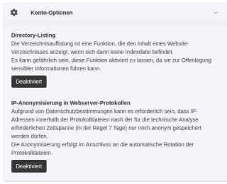 KeyHelp-Kunden-Dashboard Konto-Optionen mit Directory-Listing Deaktiviert und dem Schalter IP-Anonymisierung in Webserver-Protokollen auf Deaktiviert