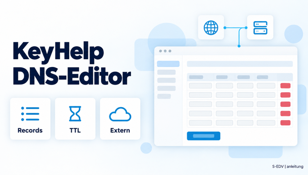 Illustration eines Hosting-Panels mit der Überschrift KeyHelp DNS-Editor und den Karten Records, TTL, Extern