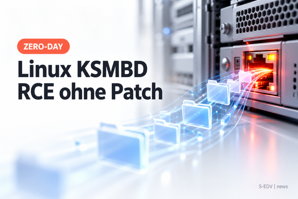 Symbolbild: Servermodul mit rot leuchtendem Netzwerkport, aus dem Ordnersymbole strömen, daneben die Überschrift Linux KSMBD RCE ohne Patch
