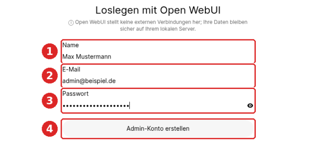 Open WebUI, Seite Loslegen mit Open WebUI: Felder Name (1), E-Mail (2), Passwort (3) und Schaltfläche Admin-Konto erstellen (4)