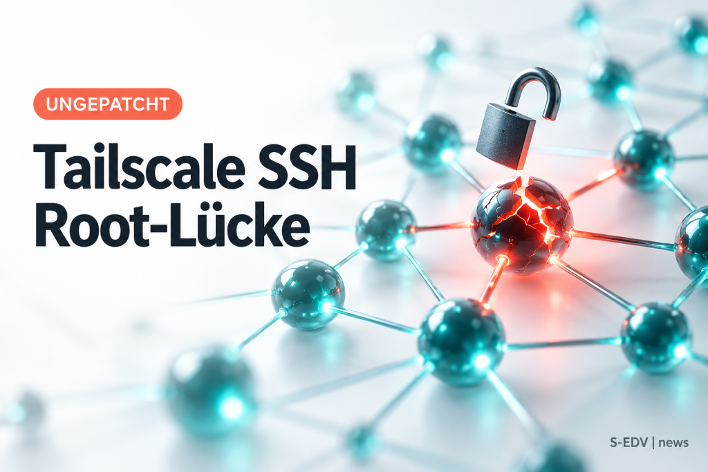 Abstraktes Mesh-Netzwerk mit aufgebrochenem Knoten und offenem Schloss, daneben die Schlagzeile Tailscale SSH Root-Lücke