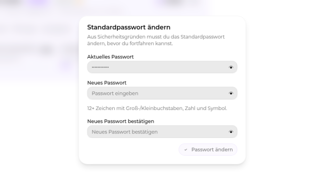 Arcane-Dialog Standardpasswort ändern mit Feldern für aktuelles und neues Passwort