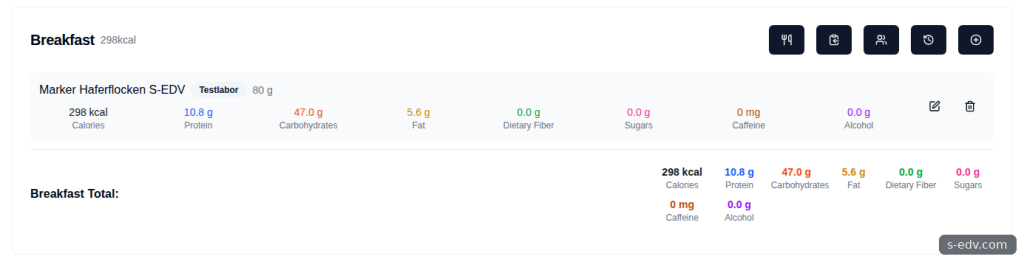 Frühstücksbereich in SparkyFitness mit dem Testlebensmittel und berechneten Nährwerten