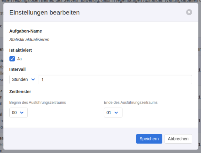 KeyHelp-Dialog Einstellungen bearbeiten für Statistik aktualisieren: aktiviert, Intervall 1 Stunden, Zeitfenster Beginn 00 und Ende 01