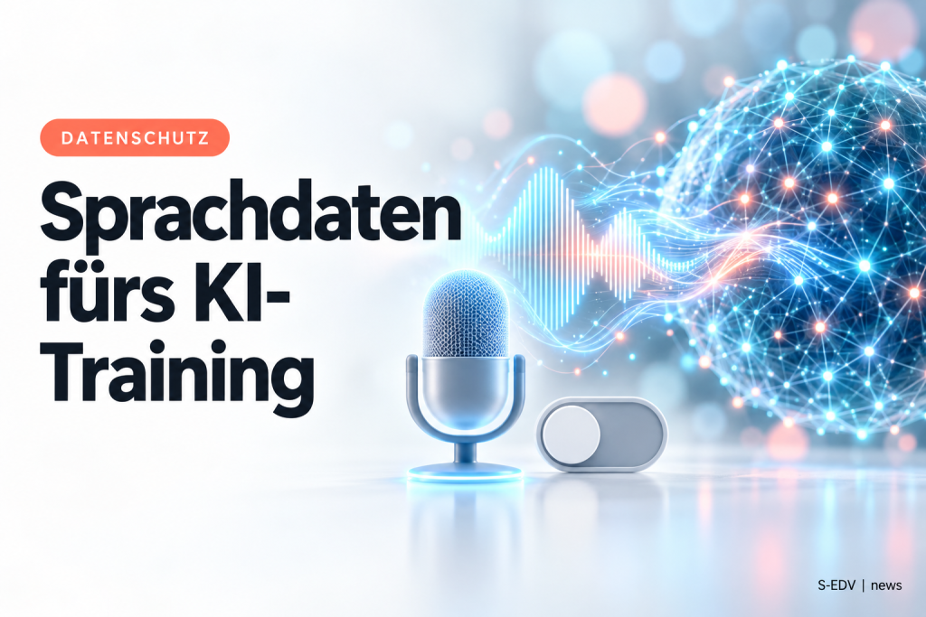 Sprachwelle fließt in ein neuronales Netz, daneben Mikrofon und ausgeschalteter Schalter, Headline Sprachdaten fürs KI-Training