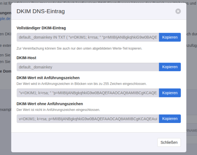 KeyHelp-Dialog DKIM DNS-Eintrag mit vollständigem Eintrag, DKIM-Host default._domainkey und DKIM-Wert mit und ohne Anführungszeichen