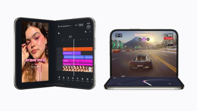 Zwei aufgeklappte iPhone Duo, links mit einem Video-Editor, rechts halb gefaltet mit dem Rennspiel Asphalt Legends