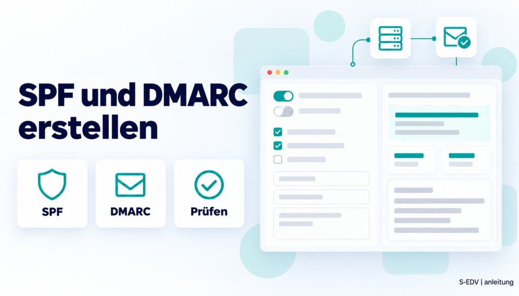 Illustration einer Weboberfläche zum Erstellen von SPF- und DMARC-Records mit Formularfeldern und Ergebniskarte