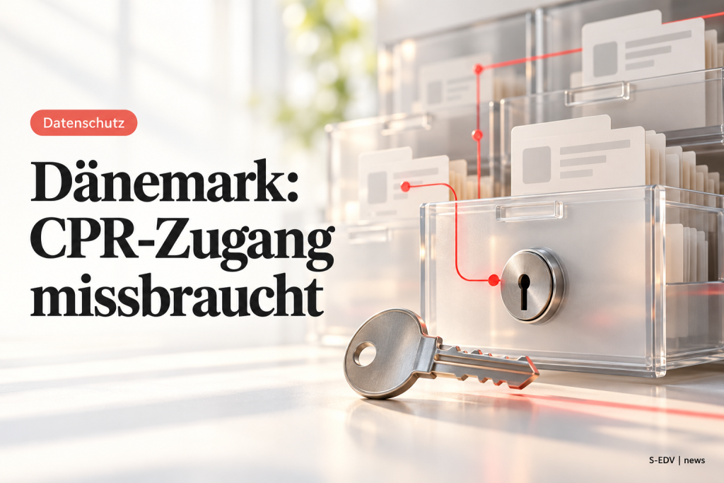 Symbolische Registerkarten und ein Schlüssel neben der Überschrift Dänemark: CPR-Zugang missbraucht.