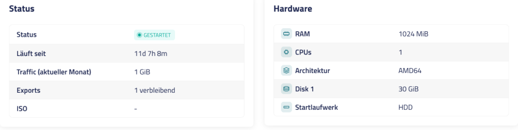 Statusanzeige im SCP mit Status, Laufzeit, Traffic, Exports und Hardware