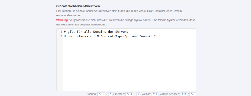 KeyHelp-Konfiguration Webserver mit dem Feld Globale Webserver-Direktiven und einem Header-Eintrag für alle Domains