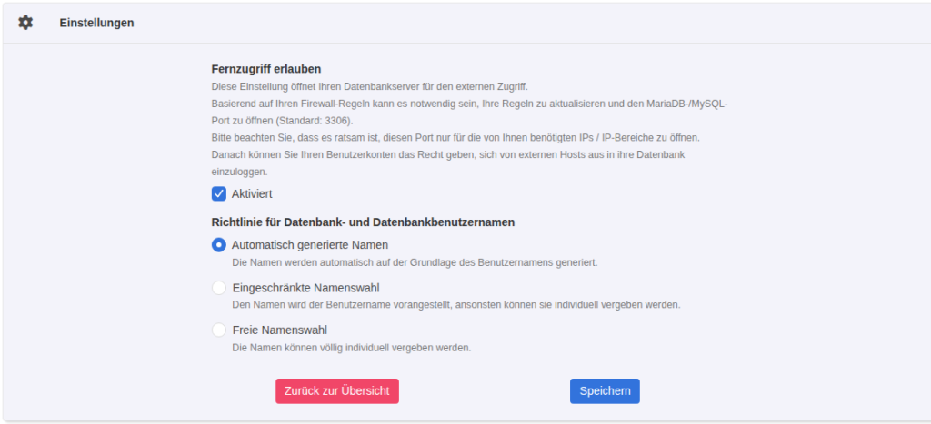 KeyHelp Konfiguration Datenbank-Server mit aktivierter Option Fernzugriff erlauben und Richtlinie für Datenbanknamen