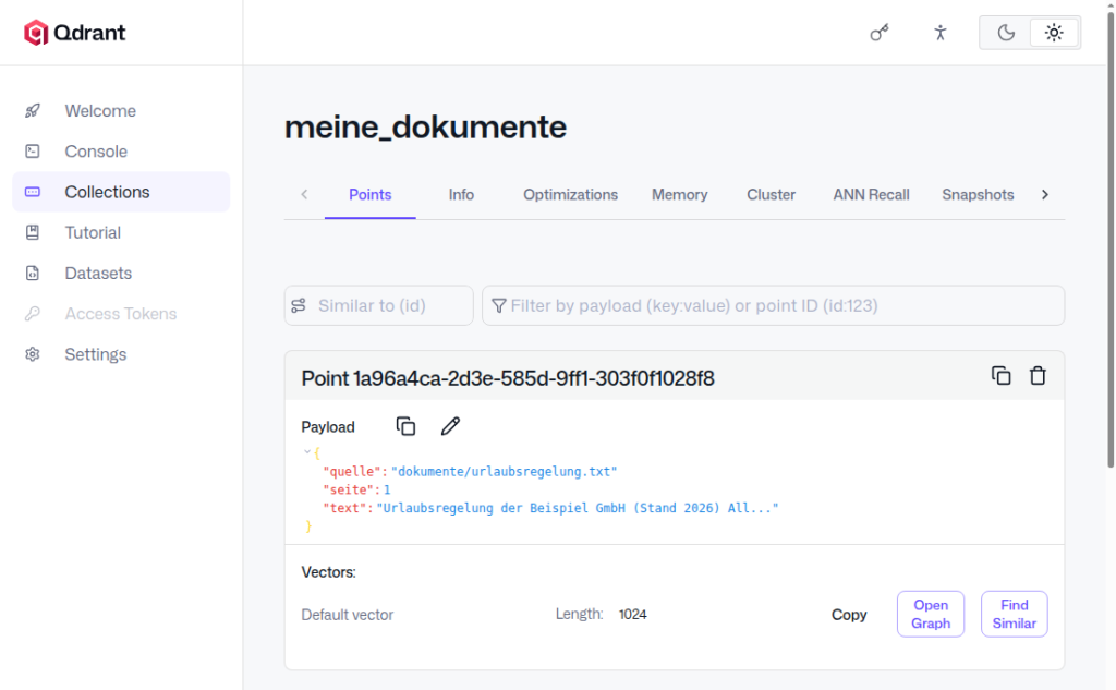 Qdrant-Dashboard, Punkt der Collection meine_dokumente mit Payload quelle, seite und text sowie Vektorlänge 1024