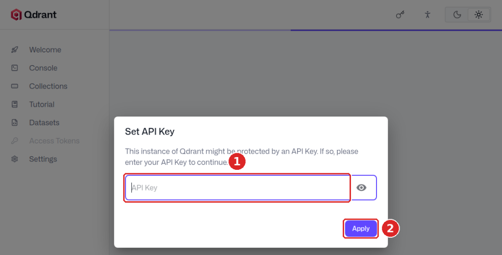 Qdrant-Dashboard mit dem Dialog Set API Key, Eingabefeld mit 1 und Schaltfläche Apply mit 2 markiert